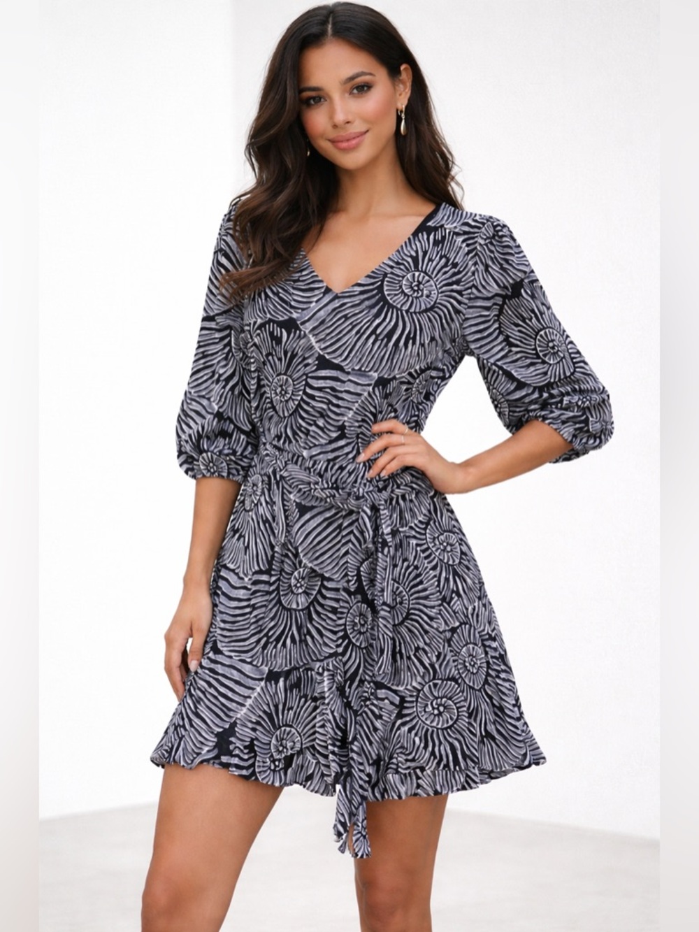 White House Black Market Black & White Floral Wrap Mini Dress